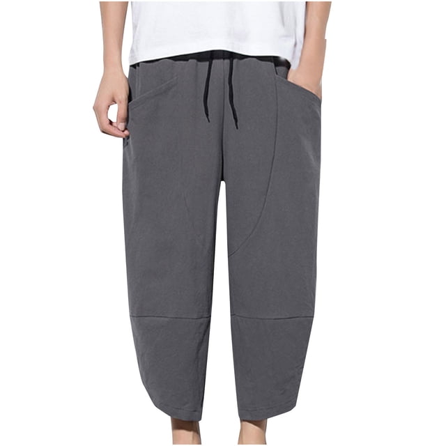 Pantalon Court Décontracté Ample en Coton et Lin pour Hommes