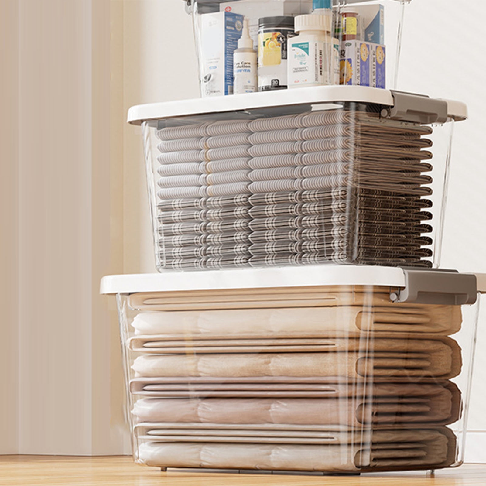 Stackable Plastic Storage Bins with Latches Lid,Plastic Storage Containers for Organizing,Lidded Storage Boxes for Cabinets, Clothes, Toys, Books,Sundries Latches Bin For Garage Office Storage