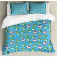 thumbnail image 1 of Gator Duvet Cover Set King Size, Lovely Cartoon Baby Crocodiles Pattern in Egg with Ribbon and Teat, 3 Piece Bedding Set with 2 Pillow Shams, Deep Sky Blue Pink Lime Green, by Ambesonne, 1 of 3