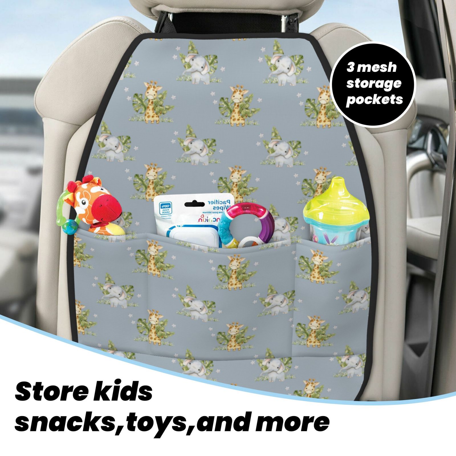 Kdxio Baby Elephant Giraffe Print 2 Pack Car Kick Mat Seat Cover Back Protector Mat with Pockets for Organizer Backseat Protector and Storage Anti Kick Pad for Vehicles
