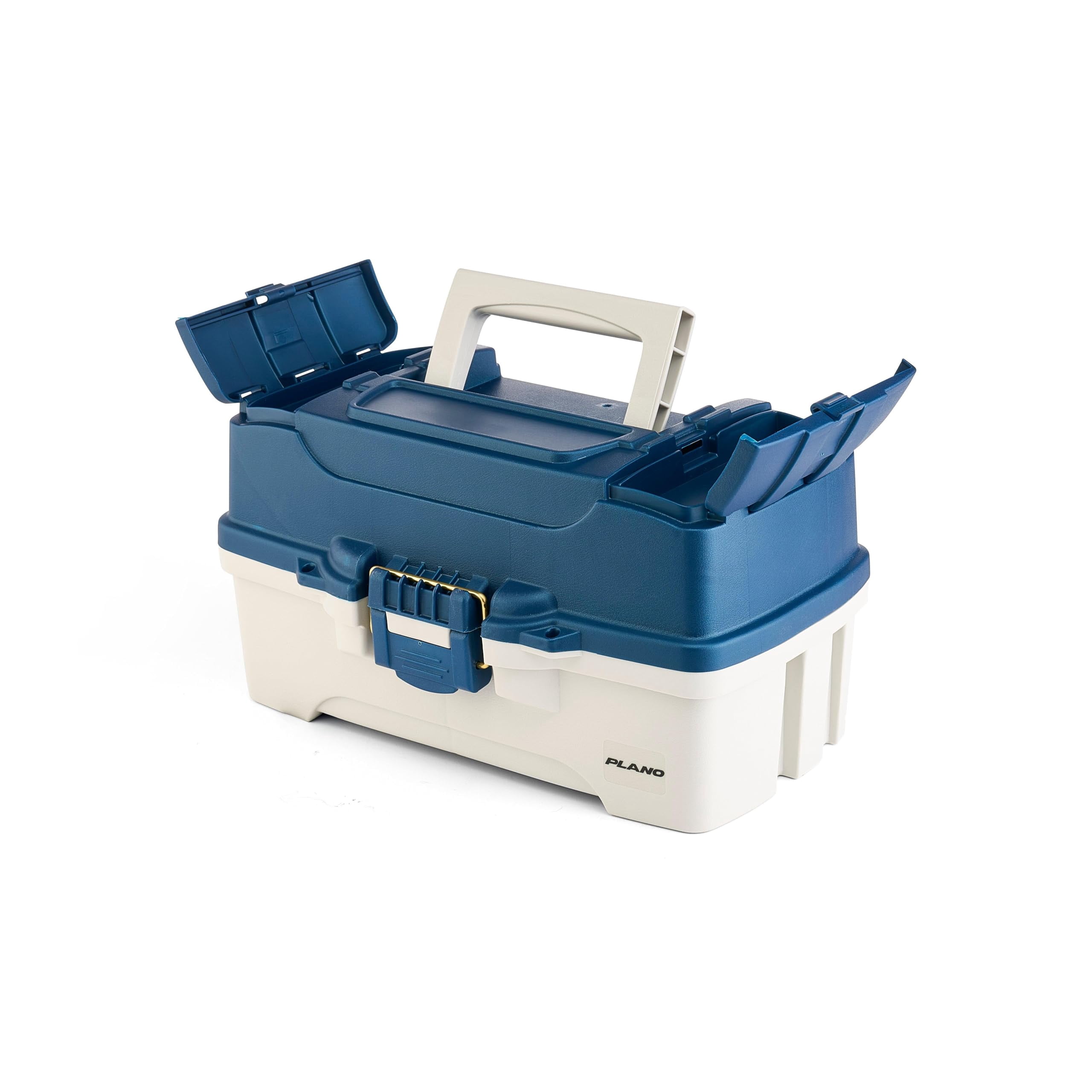 Plano Three-Tray Tackle Box, Blue/White, Rust-Proof Brass Latch, Top-Access Tray with Deep Storage, Made in the USA, Portable Fishing Gear Storage Organizer