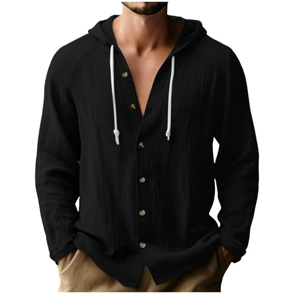 Linen Shirts For Men Sevevn Men's Casual Hooded Button Down Shirts Lightweight Long Sleeve Textured Tops Black L