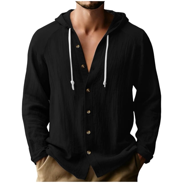 RXMEKW Solid Color Hooded Cardigan for Men with Button Front and Long Sleeves