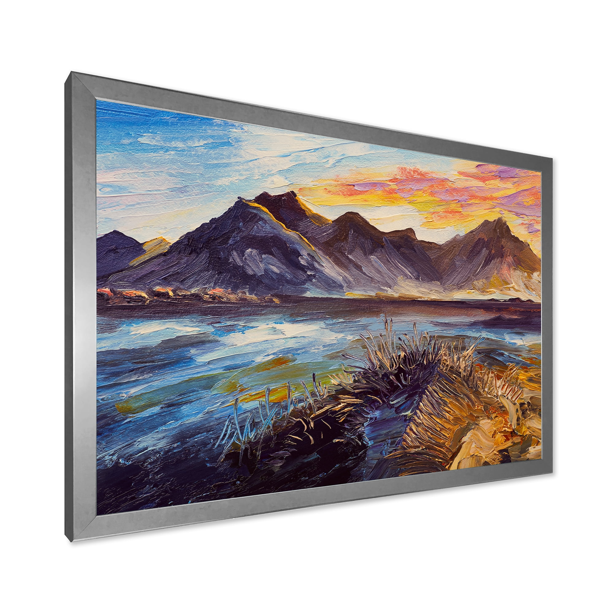 Designart 'Impression Pink Sunset Over The Mountains By The Sea' Nautical & Coastal Framed Art Print
