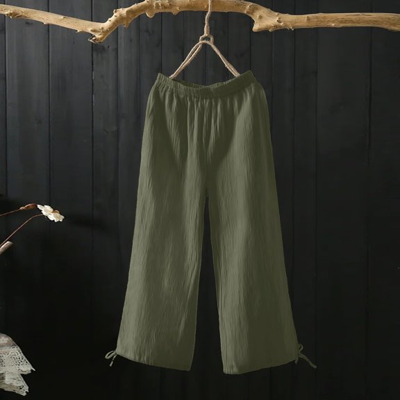 Baqcunre Trousers Pants for Women Mid Waist Pockets Elastic Waist Solid Loose Pants Casual Long Trousers Womens Fashion Women's Pants Womens Pants Womens Clothes Army Green L