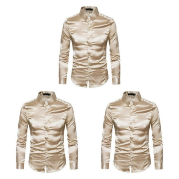 Sonducket Camisa transpirable para hombre Satén con mangas largas - Trabajo Boda o hogar Camisa para hombre Manga larga formal Caqui grande 2XL Type1 NO1