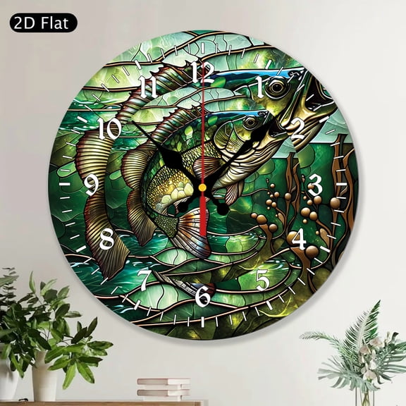 Decorative Round Wall Clock, Fishing Bass Fish Lake Angler Design, MDF Wood Rustic Home Decor for Kitchen Living Room Bedroom, Fisherman Gift for Cabin Lodge Man Cave