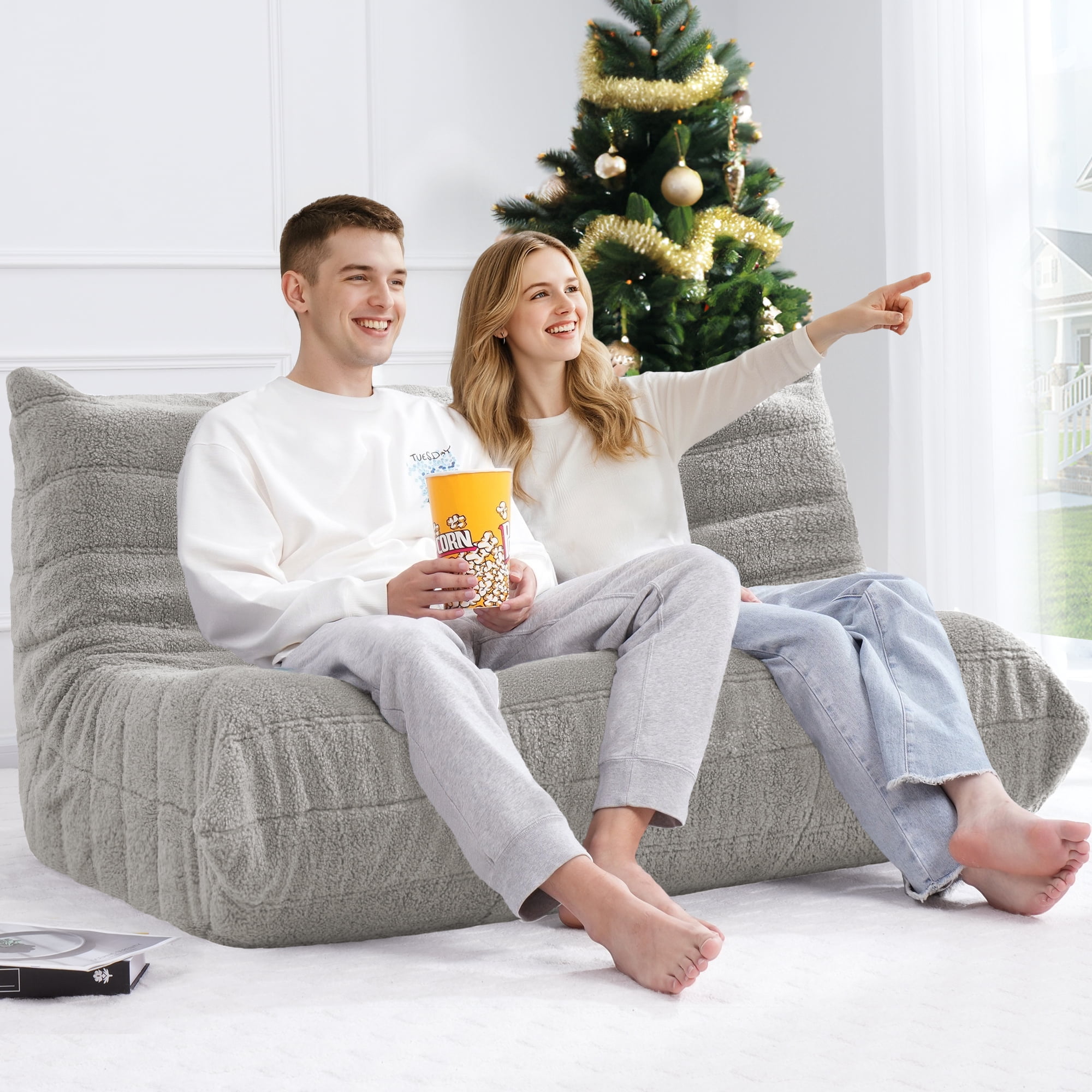 HARIPUL Bean Bag Loveseat Chair, Memory Foam Filled Teddy Fabric Sofa for Adults, Fireside Lounge Chair for Home, Apartment or Gaming Room, LightGrey