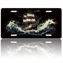 1 Pcs 2D Flat License Plate Covers & Frames, Sailing Ship in Waves For Decorative Front, Waterproof For Decoration Aluminum License Plate Covers & Frames Cover For Men Women, 12" X 6"