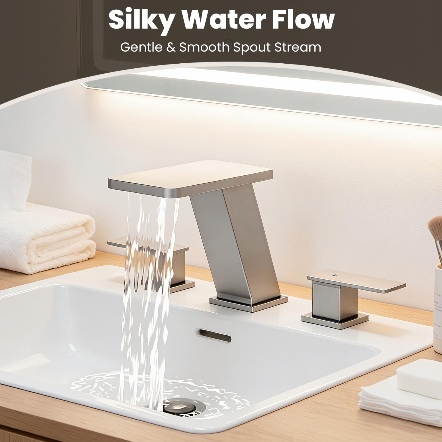 Elite 8 in. Waterfall Widespread 2-Handle Bathroom Faucet, 3-Hole Sink Faucet with Pop-Up Drain, Brushed Nickel