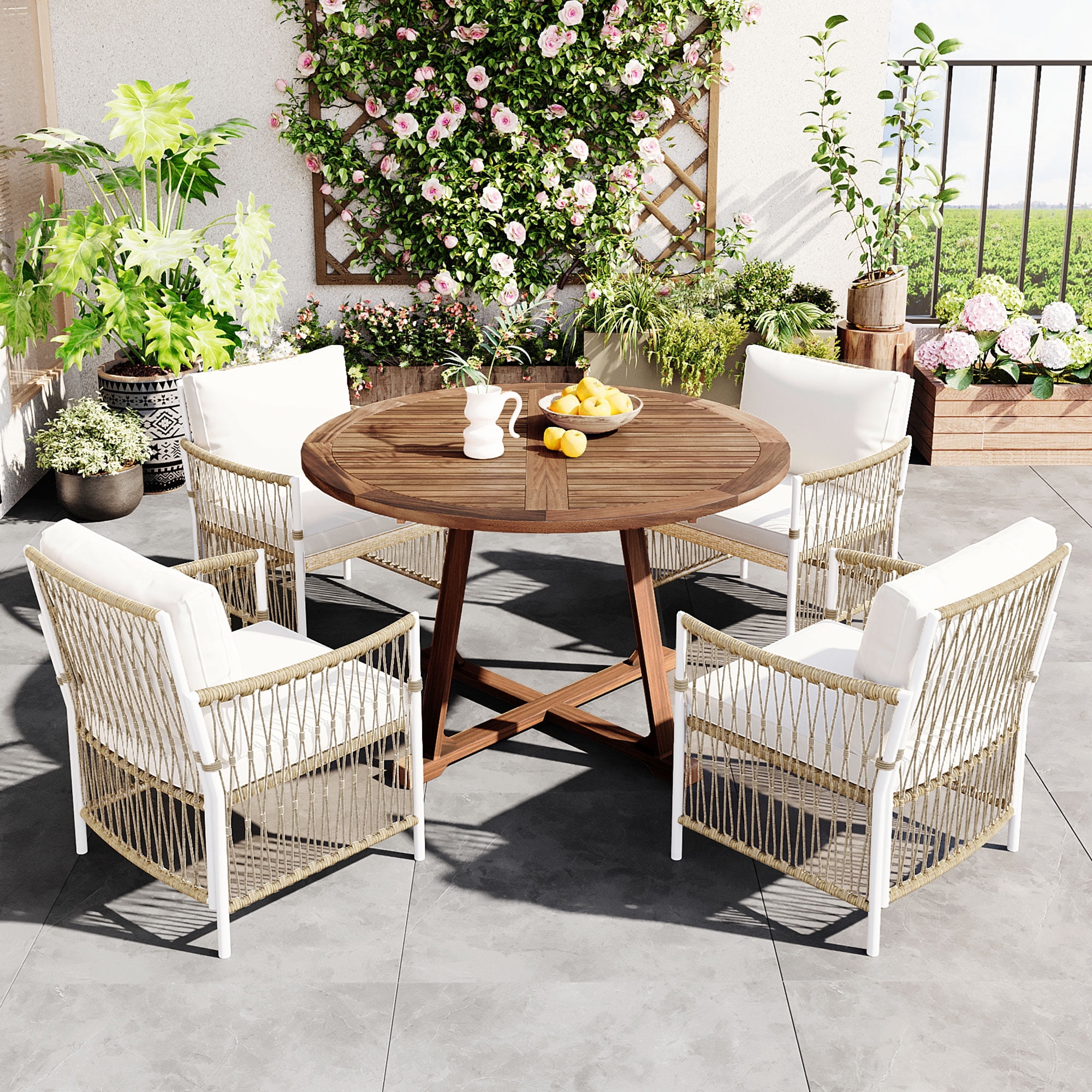Harper & Bright Designs Patio Extendable Dining Table Set for 4, Outdoor Dining Furniture with Foldable Leaf Table and 4 Rattan Arm Chairs for Backyard Garden, Natural