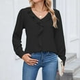 thumbnail image 3 of Women's V-Neck Pleated Ruffle Blouse Long Sleeve Loose Casual Top Spring Fall Flowy Tunic Shirt Workwear Feminine Everyday Style, 3 of 8