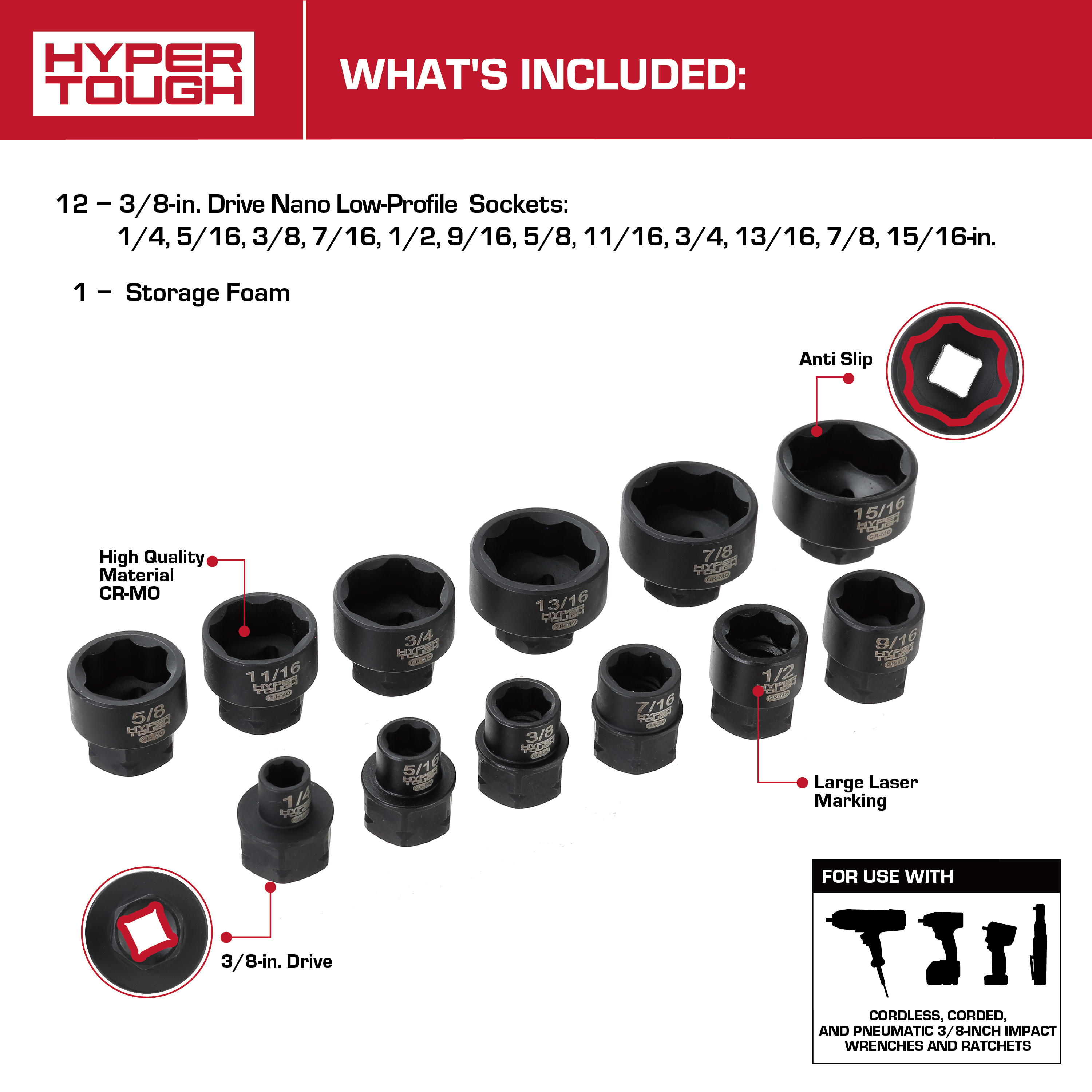 Juego de dados Hyper Tough de perfil bajo, 3/8 pulgada, SAE, 12 piezas 5