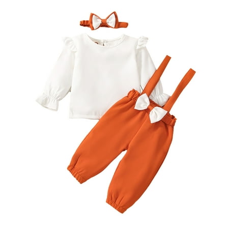 

Baby Girls Autumn Long Ruffle Sleeve Tops Pullover Suspender Pants Headbands Set Clothes Checke Outfits