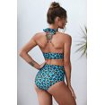 thumbnail image 1 of ABPHQTO Traje de baño de cintura alta de leopardo con cuello en V halter azul para mujer, 1 of 5