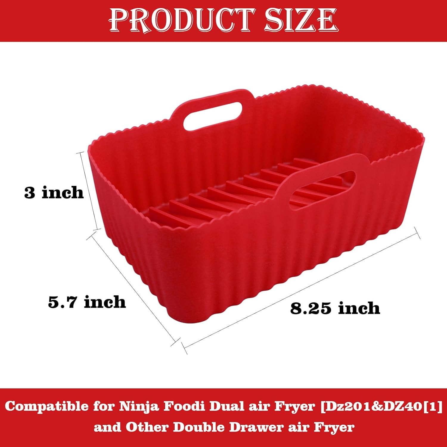 JJEAN-Silicone Air Fryer Liners, 2PCS Reusable Rectangular Air Fryer Silicone Liners, Non-Stick Basket Accessories for Ninja Foodi Dual DZ201/DZ401 8-10QT