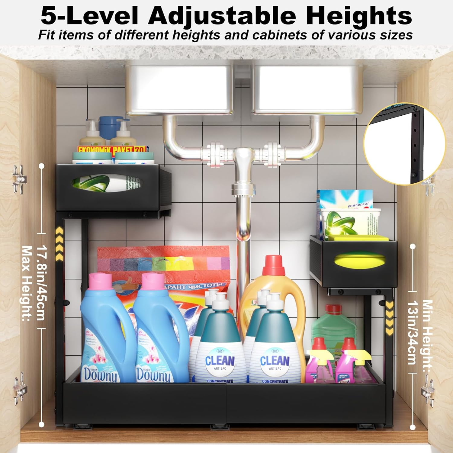Under Sink Organizer, 14"-21" Width Expandable, 13"-17" Height Adjustable, 2 Tier Metal Pull Out Under Sink Storage Rack with 3 Sliding Rails for Kitchen Bathroom Cabinet, Double Side