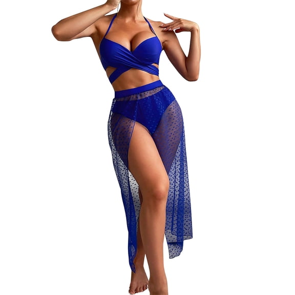 Yuanlook Women's 3 Piece Swimsuits Halter Triangle Bikini Set with Semi Sheer Cover Up Skirts Crisscross Bathing Suit,Blue,XL