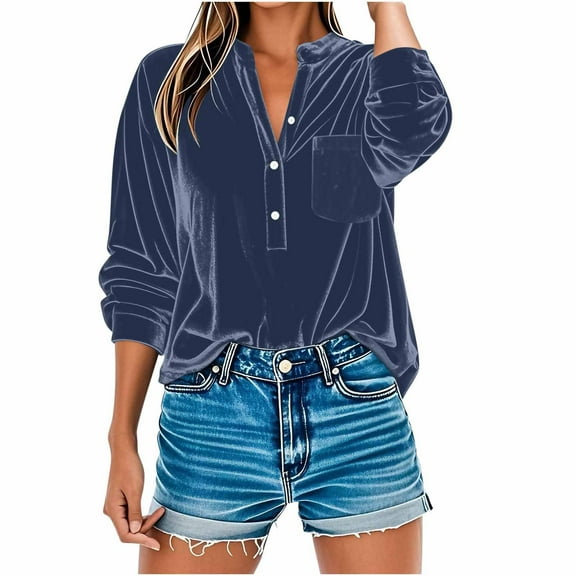 Velvet Tops for Womens Plus Size Button Down Shirt Long Sleeve Casual Solid Blouse with Pockets