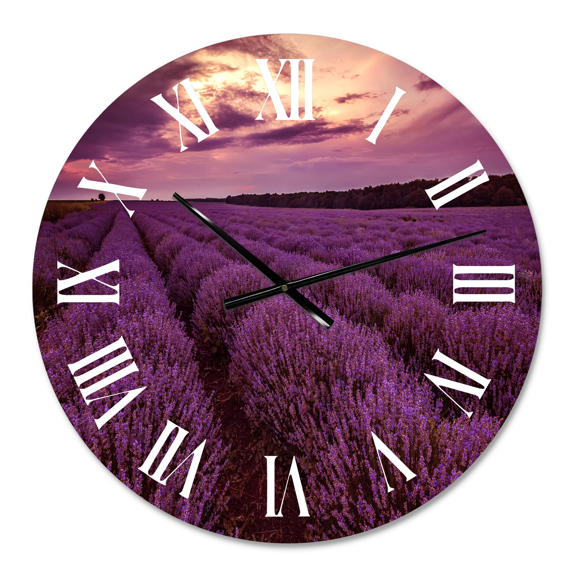 Designart 'Sunrise & Dramatic Clouds Over Lavender Field Iii' Farmhouse Wall Clock