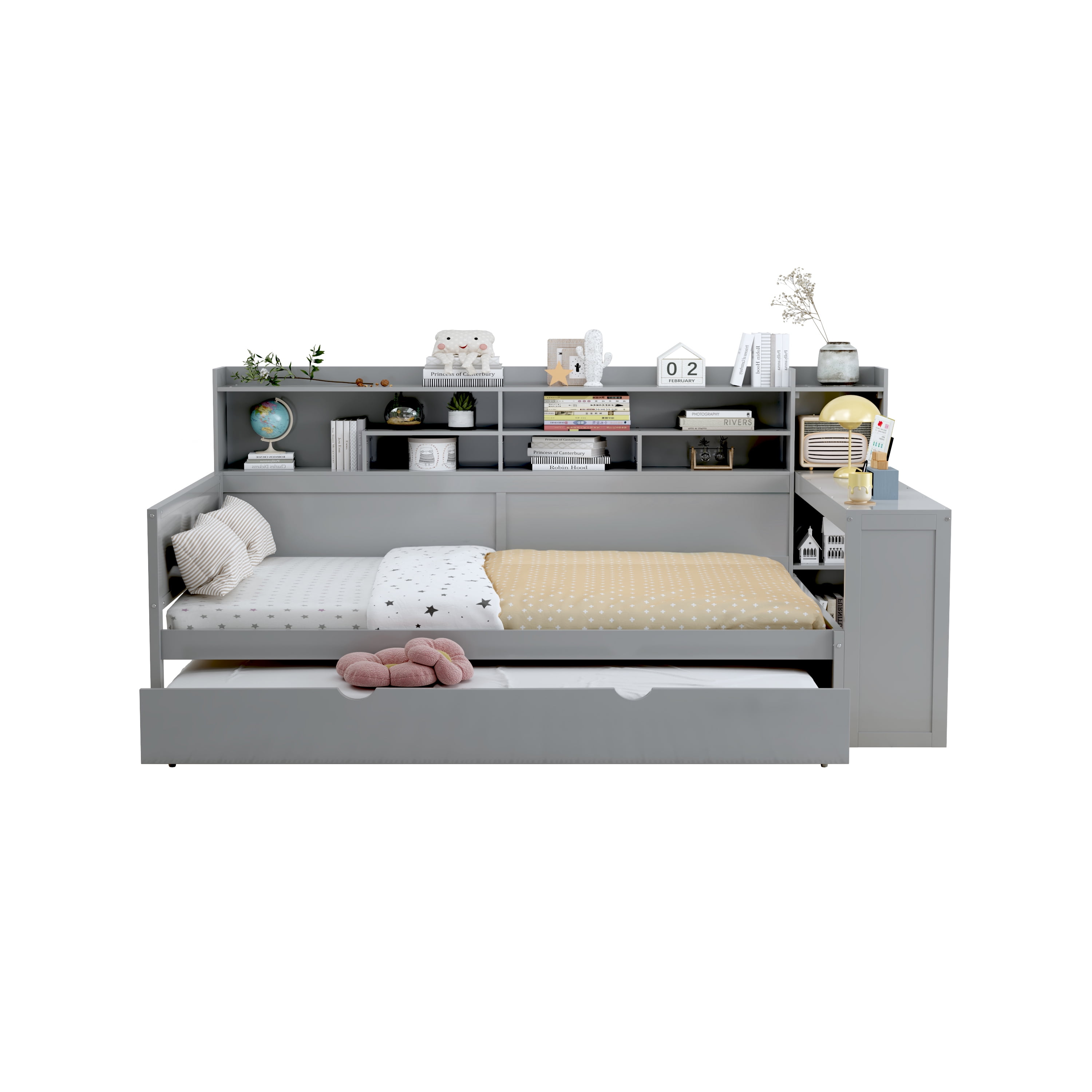 Euroco Wood Full Size Daybed with Storage Shelves and Desk, Twin Size Trundle Bed, Gray