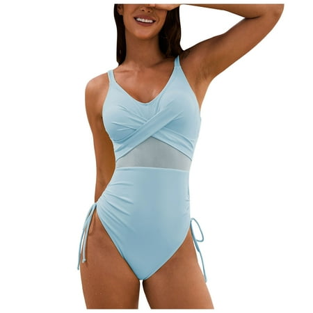 CAICJ98 Woman One Piece Swimsuit Tummy Control Swimwear Halter Slimming Vintage Retro Swimsuit Womens Ruched Push Up Bathing Suit Blue S