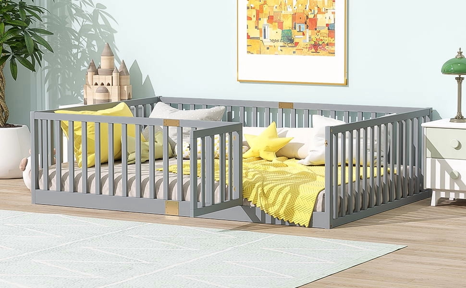 Rubber Wood Full Size Kids Floor Bed with Full High Safety Fence & Access Door, 6 Reinforced Wood Slats Platform Bed No Box Spring Needed for Compact Bedroom