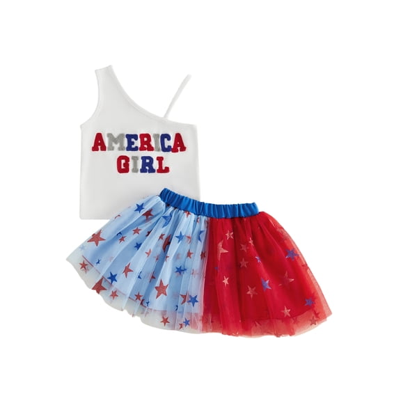 BemeyourBBs Kids Toddler Baby Girls 4th of July Outfit Baby Girl Independent Day Summer Clothes Fourth of July American Girl Letter Embroidery Sleeveless Tank Tops Star Print Tulle Tutu Skirt Set