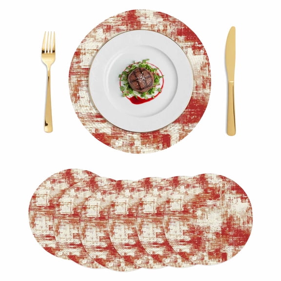 Red Ombre Round 15 Inch Placemats Set of 6, Gradient Abstract Art Vintage HeatResistant Non Slip Place Mats for Dining Table, Wipeable Braided Kitchen Table Mats for Housewarming