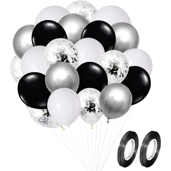 KIRIKOU 12 Inch 60 Pack Black Silver and White Confetti Balloons Garland Arch Kit Chrome Metallic Shinny Pastel Balloons with Ribbons for Wedding Baby Shower Graduation Birthday Party Decorations