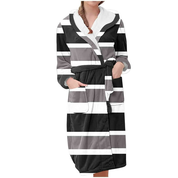 successthop Plus Size Flannel Robe Long for Women Fuzzy Soft Belted Long Sleepwear Stripe Bathrobe with Pockets Black L