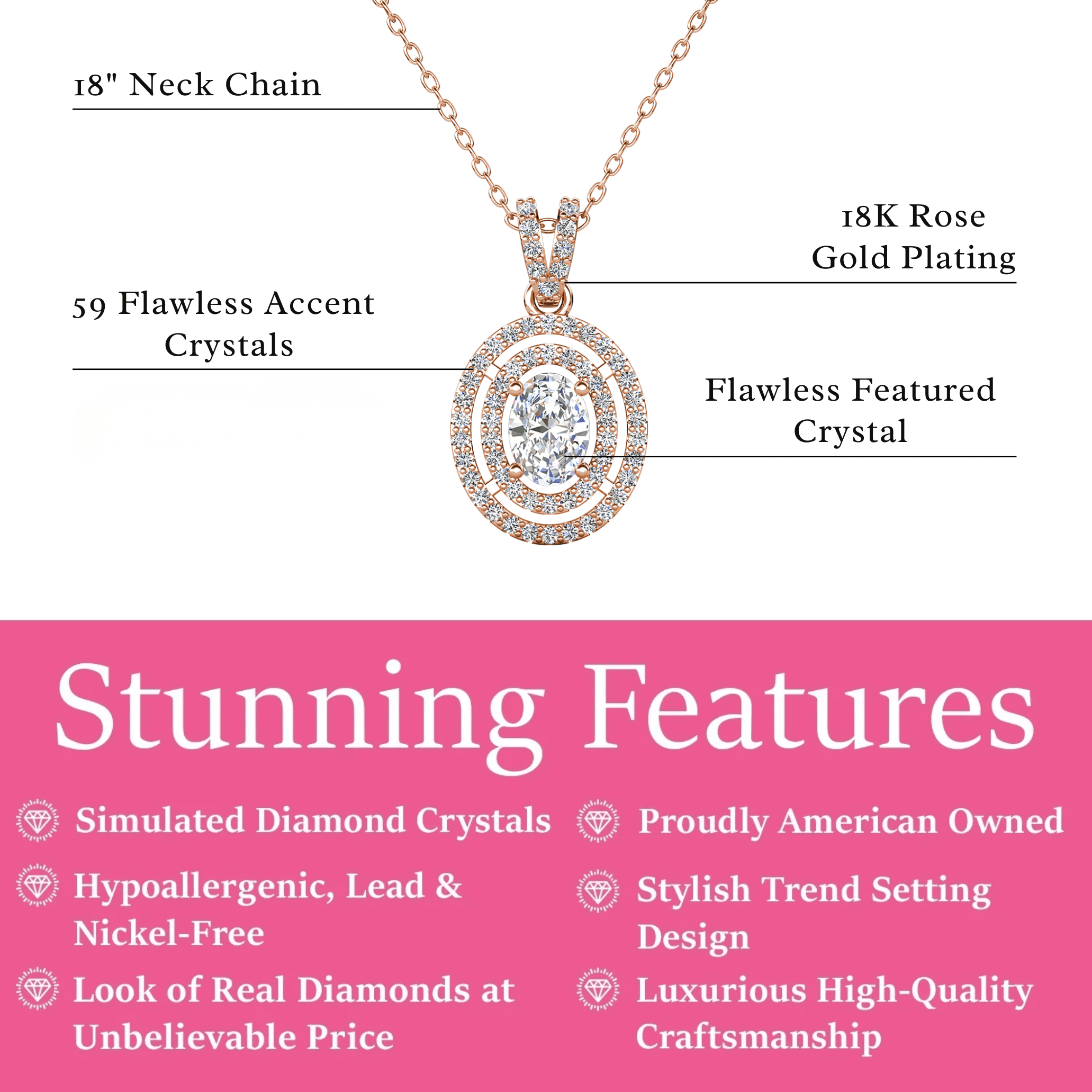 Cate & Chloe Zelda 18k Rose Gold Plated Pendant Necklace with Simulated Diamond Crystal for Women