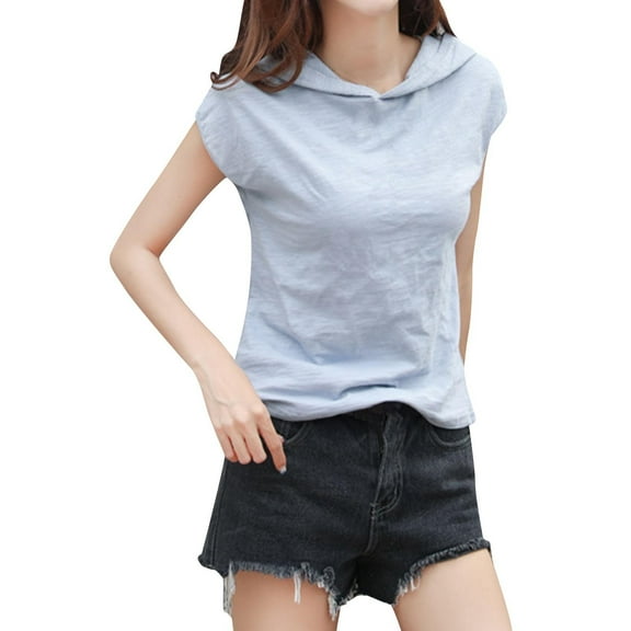 Summer Hooded T-Shirts Womens Cap Sleeve Hoodies T Shirts Trendy Loose Casual Petite Tops Loungewear Blue, 2XL