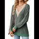 thumbnail image 1 of Blusas de Otoño para Mujer, con Escote en V, Encaje, Larga, Holgadas, con Ribete de Bloques de Color, Moda 2025 Verde L, 1 of 10