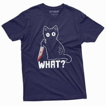 Funny Halloween Shirt What Killer Cat with Bloody Knife Humor Shirt sarcastic Tee (X-Large Navy Blue)