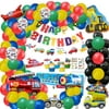 Transportation Birthday Decorations for Boys Happy Birthday Banner Cars,Train,Fire Truck,School Bus,Plane Foil Balloons Transport Cake Toppers for Dump Truck Party Boys, Baby Shower, Kids 1st 2nd 3rd