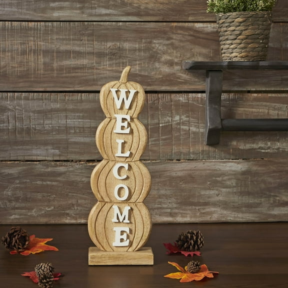 VHC Brands Tropical Wood Pumpkin Stack Welcome Wooden Sign Medium 16.5x5.5x2.5, Fall and Thanksgiving Home Decor for Tables and Shelves, Indoor Decorations for Tabletop