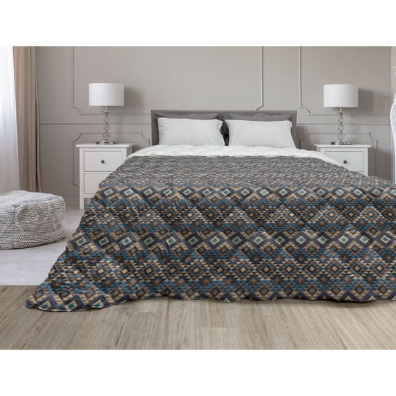 Boho Down Alternative Comforter, Borders Seamless Geometrical Pattern in Boho Art Style, Microfiber Quilt for All Season, 5 Sizes, Orange Blue and White, by Ambesonne