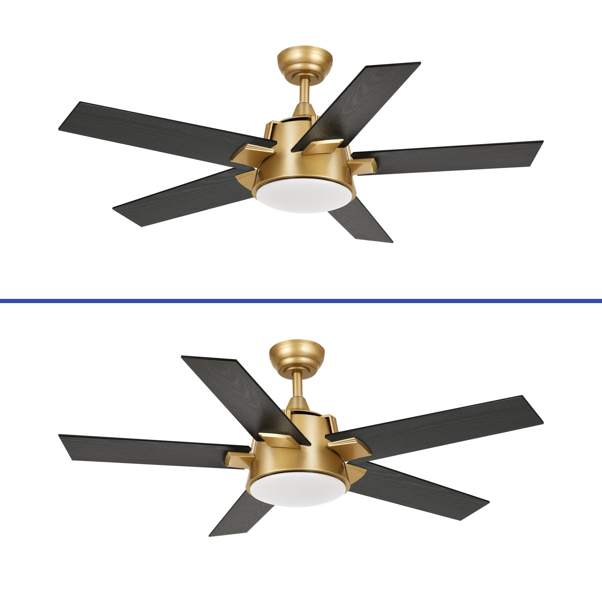 ModFusion 52-Inch LED Ceiling Fan with Remote, Dimmable Lights, 6-Speed, Gold & Black Wood Grain, Timer, Reversible Function, Wall Control