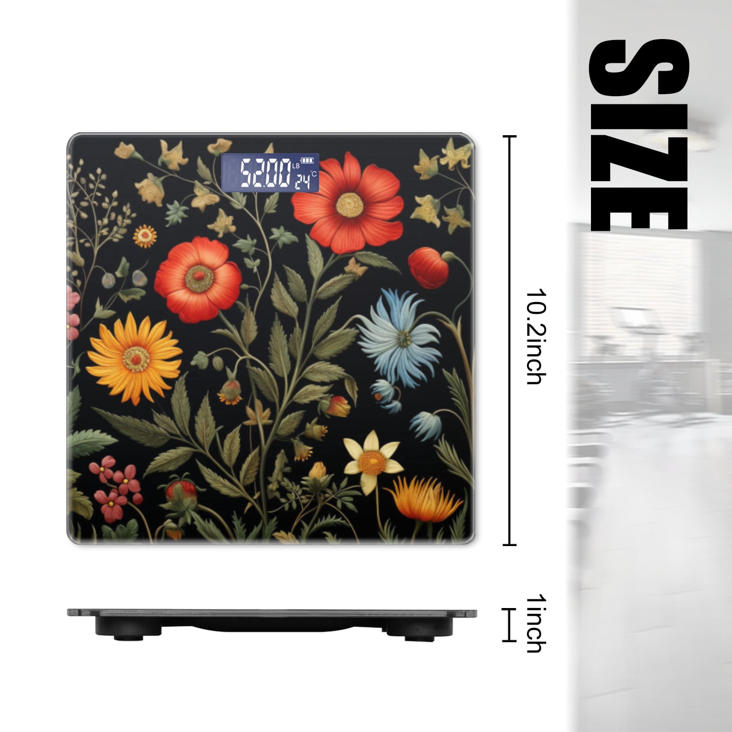 High Precision Body Weight Scale Smart Bathroom Scales with Large LCD Display(400lbs),Decorative for Bedroom-Detailed Wildflowers On Black Background