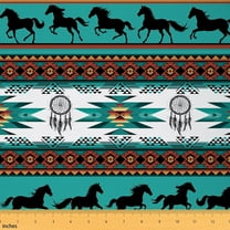 Manfei Bohemian Horse Fabric by the Yard (1 Yard), Hippie Aztec Decorative Fabric by the Yard, Boho Dreamcatcher DIY Fabric, Teal Brown