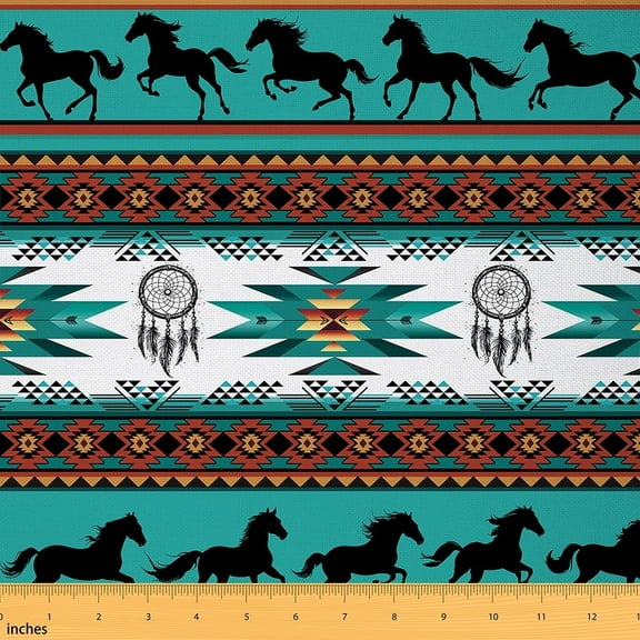 Manfei Bohemian Horse Fabric by the Yard (1 Yard), Hippie Aztec Decorative Fabric by the Yard, Boho Dreamcatcher DIY Fabric, Teal Brown