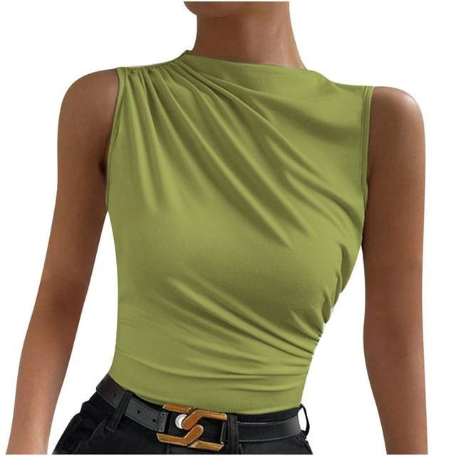 AherBiu Plus Size Tank Tops for Women Trendy Going out Cropped Tops Cute Sleeveless Boat Neck Ruched Summer Shirts