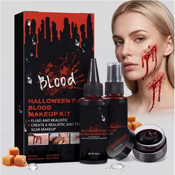 Halloween Fake Blood Decor Set, Scary Blood Halloween Decoration, Realistic Washable Artificial Blood for Cosplay Costume Horror Makeup Party Props Decoration
