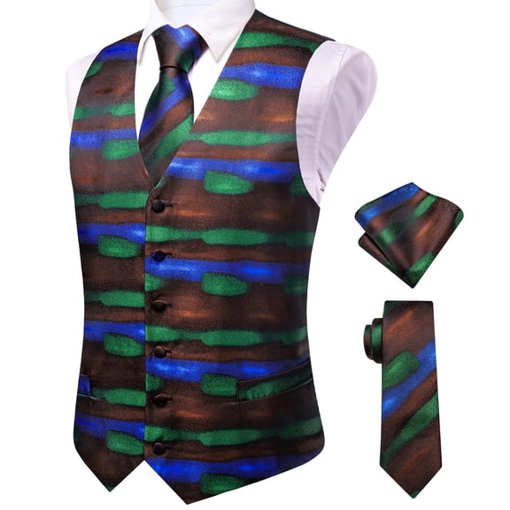 VERVEROW Men's Abstract Striped Jacquard Suit Vest, 6 Button V Neck Wedding Waistcoat Set with Tie, Pocket Square & Cufflinks, Brown Green Blue