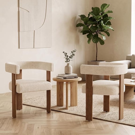 Boucle Dining Chairs Set of 2, Cream Accent Chair with Wood Legs, Mid Century