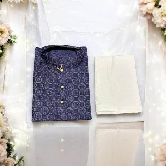 Traditional Boys Navy Blue Printed Kurta Pajama, 6441