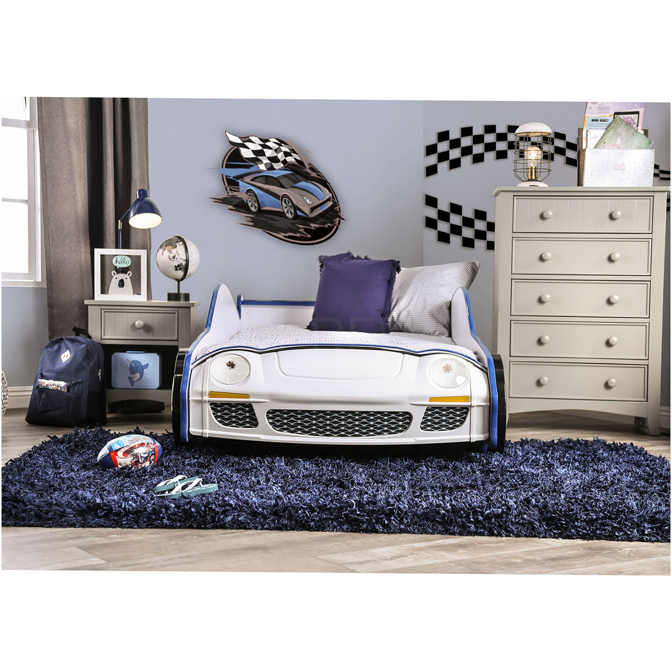 JERFIT Modern Police Car Twin Bed with LED Lights, High Gloss Finish Metal Frame Structure