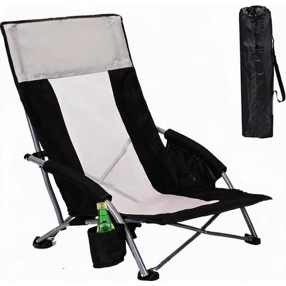 High Back Extra Wide Folding Beach Chair with Pillow and Storage Pockets 350 lb Capacity Black