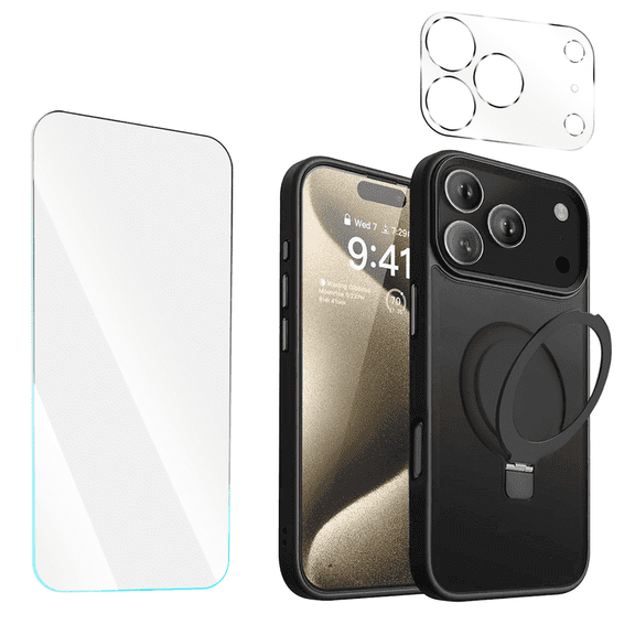 3-in-1 Entronix Bundle designed for iPhone 17 Pro Max, Magnetic Ring Case with Kickstand, Tempered Glass, Camera Lens